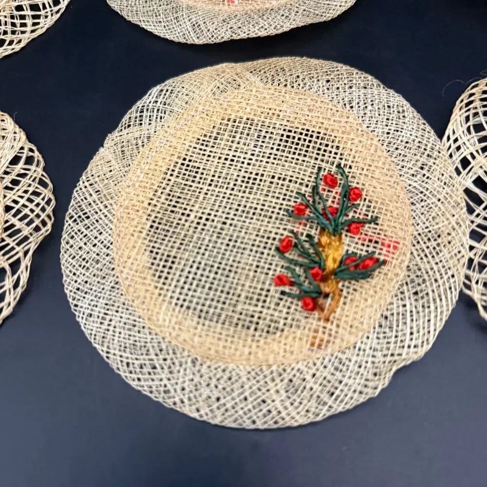 Vintage 6 Rattan Straw Lace Coasters Woven Flowers Floral
